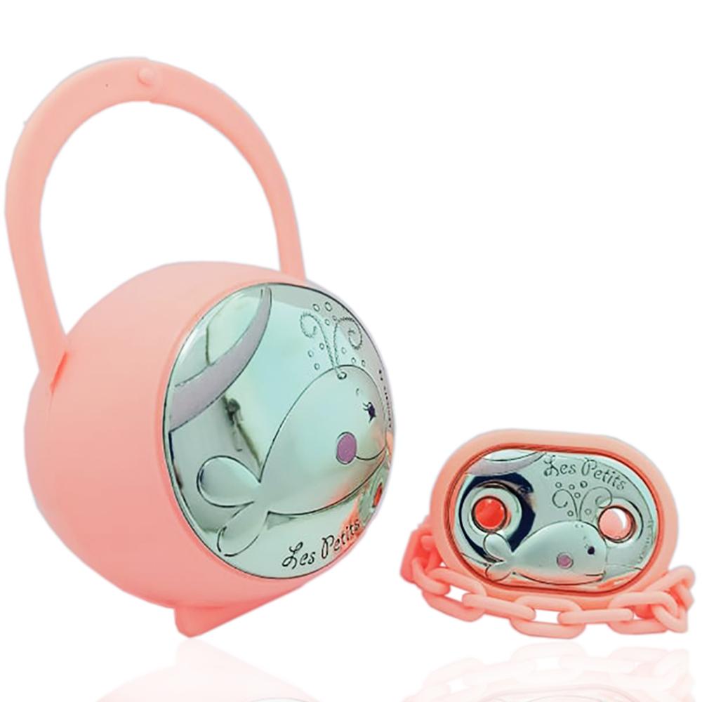 Set 2 pezzi balena laminata argento e smaltata, box e pinza portaciuccio. accessori ciuccio prima infanzia