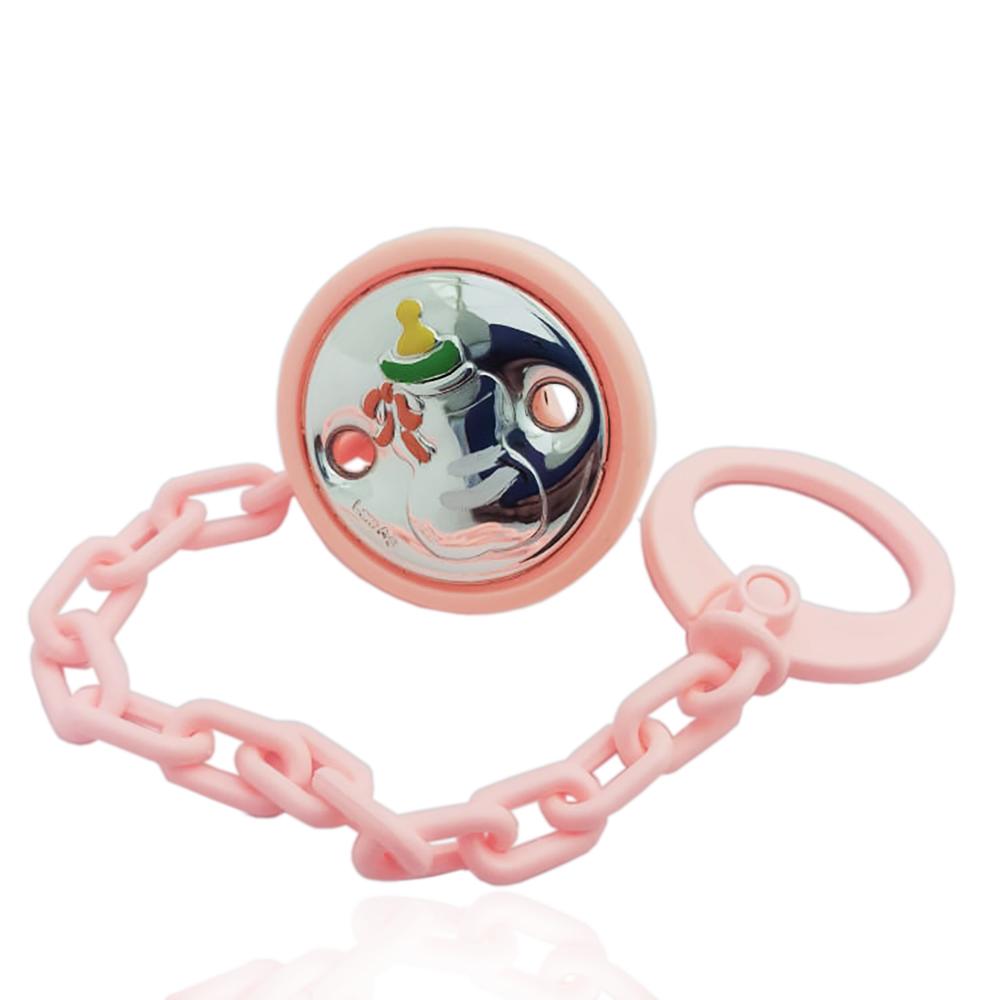 Spilla pinza portaciuccio rosa biberon in argento e smalti
