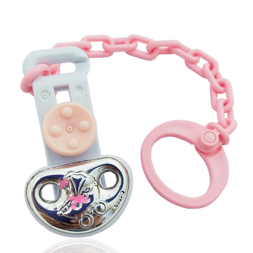 Spilla pinza portaciuccio rosa passeggino neonato in argento e smalti