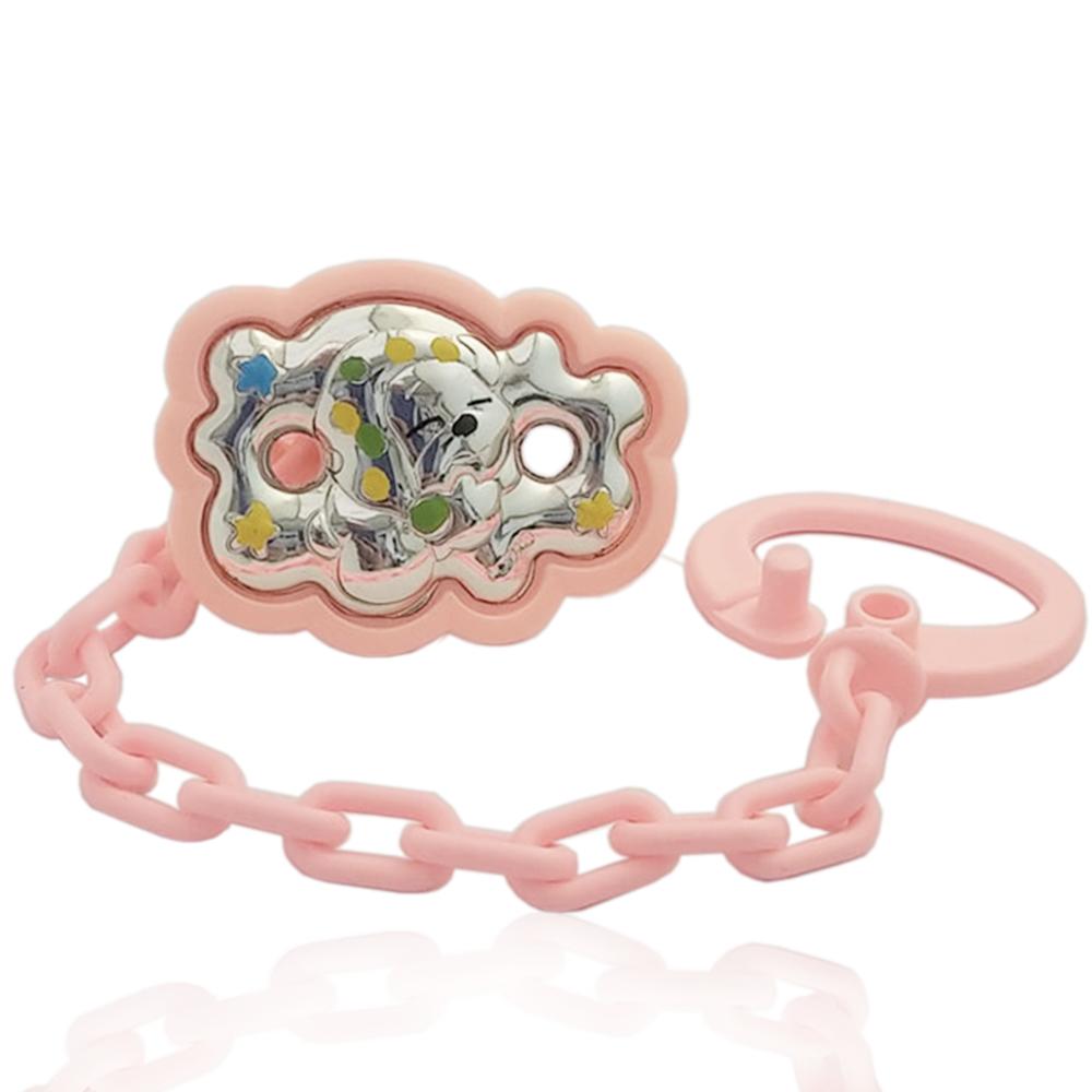 Spilla portaciuccio nuvola rosa con orsetto in argento e smalti