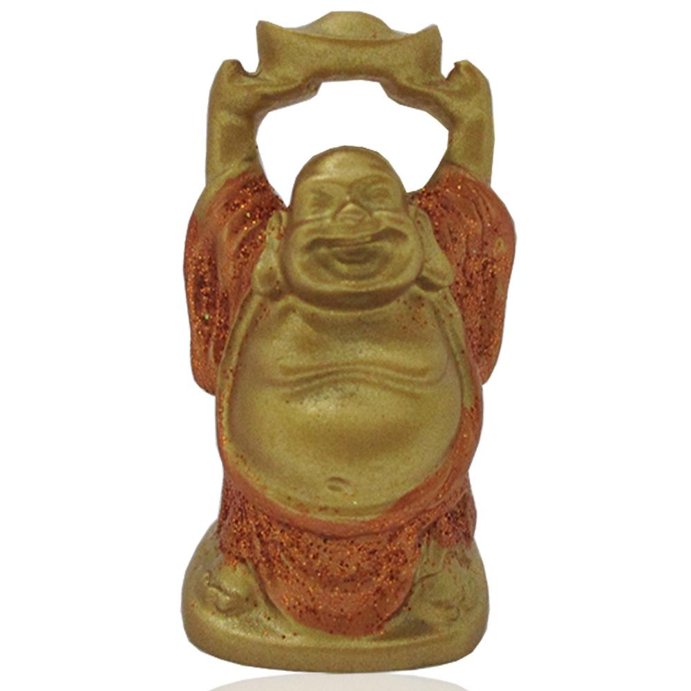 Statuina buddha portafortuna con mani alzate in resina smaltata oro e arancione glitter