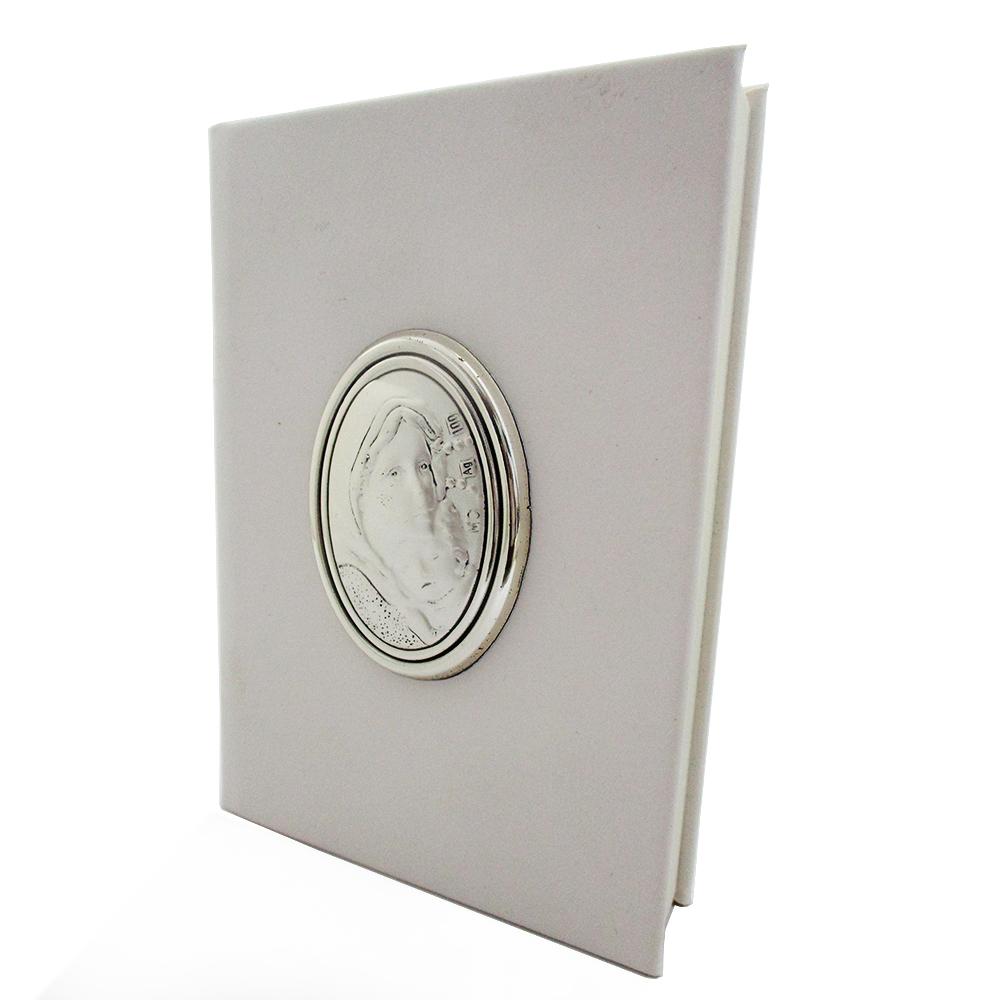 Vangelo bianco similpelle 11x8 maternità con lamina in argento 