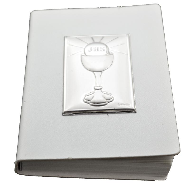 Vangelo 11x8 in similpelle bianco e calice con eucarestia laminato argento
