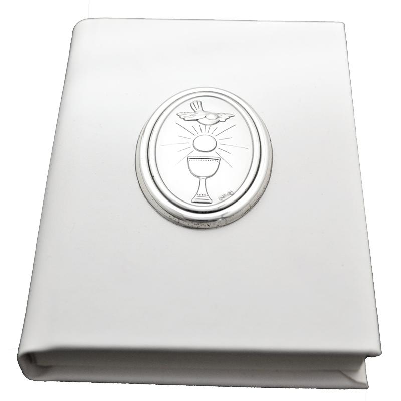 Vangelo 11x8 in similpelle bianco con calice, eucarestia e colomba laminato argento