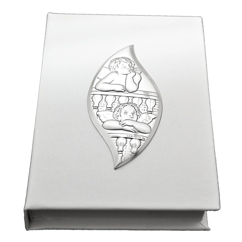 Vangelo bianco 7x11 similpelle con puttini goccia laminato argento