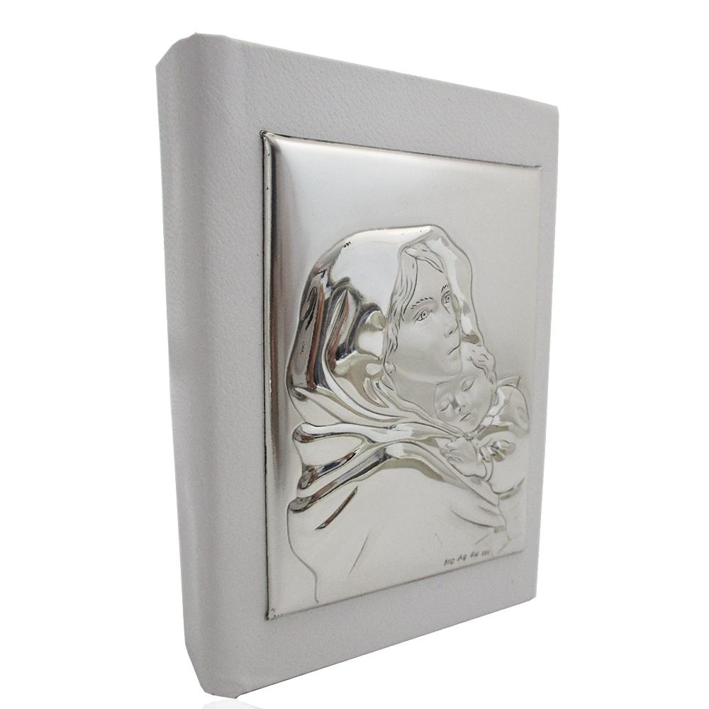 Santo vangelo da borsa cm 9x6 similpelle bianco con madonna con bimbo laminato argento