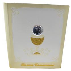Album comunione 20x25 in pelle con calice in glitter color oro con applicazione laminato argento