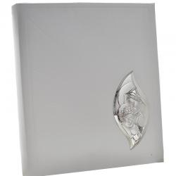 Album pelle bianca 1 comunione 20x25 con applicazione madonna con bimbo laminata argento