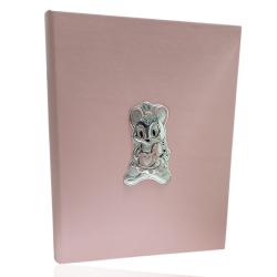 Album foto diario per nascita o battesimo cm 30x22 in pelle rosa con coniglietta con cuori in argento e smalti