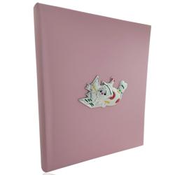 Album fotografico per nascita battesimo cm 20x25 in pelle rosa con coccinella che legge in argento e smalti