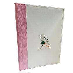 Album foto per nascita battesimo 30x22 in pelle bianco-rosa con coniglietto con carota in argento