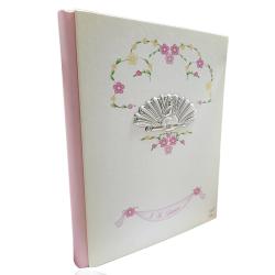 Album fotografico il mio battesimo cm 30x22 in pelle bianco-rosa con borchia in argento bambina che dorme