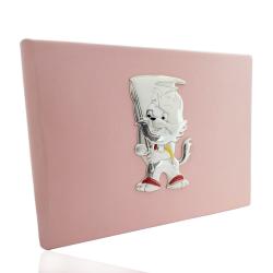 Album Fotografico cm 15x21 in pelle rosa con gattino in argento e smalti
