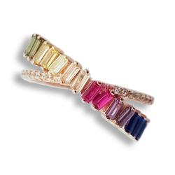 Anello in argento rosato 925 con zirconi in taglio baguette e brillante colorati e bianchi