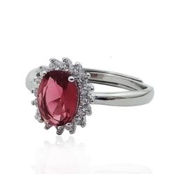 Anello ovale mm 12x10 modello kate in argento 925 rodiato con zirconi bianchi e rosso rubino centrale