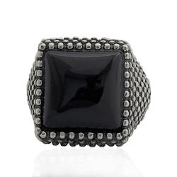 Anello quadrato per uomo mm 19x19 in argento 925 brunito con microsfere e pietra nera in onice