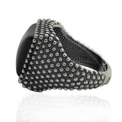 Anello quadrato per uomo mm 19x19 in argento 925 brunito con microsfere e pietra nera in onice