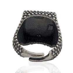 Anello quadrato per uomo mm 19x19 in argento 925 brunito con microsfere e pietra nera in onice