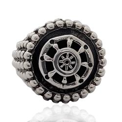 Anello tondo mm 19x19 in argento 925 brunito con microsfere e timone centrale