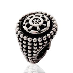 Anello tondo mm 19x19 in argento 925 brunito con microsfere e timone centrale