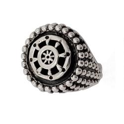 Anello tondo mm 19x19 in argento 925 brunito con microsfere e timone centrale