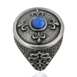 Anello tondo mm 20 in argento 925 brunito con decoro giglio e pietra blu