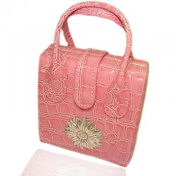Borsa beauty portagioie da viaggio cm 10x11 in pelle rosa  con margherita centrale laminata argento