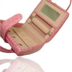 Borsa beauty portagioie da viaggio cm 10x11 in pelle rosa  con margherita centrale laminata argento