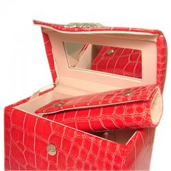 Borsa beauty portagioie 10x13 in pelle rossa con margherita centrale laminata argento