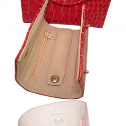 Borsa beauty portagioie 10x13 in pelle rossa con margherita centrale laminata argento