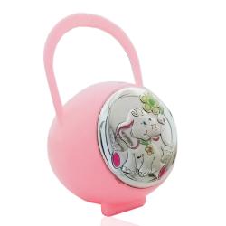 Box portaciuccio Elefante con fiore laminato argento, accessori ciuccio prima infanzia rosa