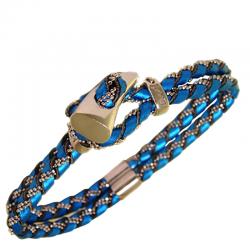 Bracciale snake 2 fili in pelle blu elettrico con catena pallina zanna e particolari in argento 925 rodiato