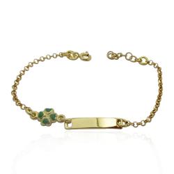 Bracciale a maglia rolo cm 14-16 con targa centrale e quadrifoglio in argento 925 dorato - Personalizzabile -
