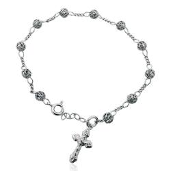 Bracciale rosario maglia figaro 3+1 cm 21 con croce e grani da 5 mm in filigrana di argento titolo 925