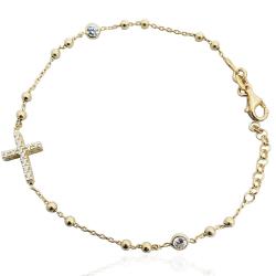Bracciale rosario placcato oro giallo con croce e tramezzi in zirconi bianchi argento 925 