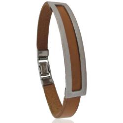 Bracciale uomo con cinturino in cuoio marrone e targa centrale in argento 925 satinato
