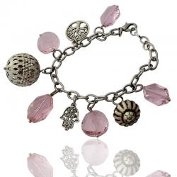 Bracciale acciaio anallergico con ciondoli charms, sfera, mano fatima, albero della vita, pietre faccettate rosa