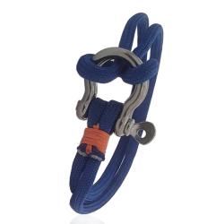 Bracciale doppia corda blu elettrico con grillo nautico centrale in acciaio e riporti in corda arancio