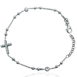 Bracciale rosario cm 21 in argento 925 rodiato con croce e tramezzi con zirconi bianchi