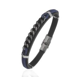 Bracciale in caucciu' mm 7 con corda blu con grumetta centrale in acciaio brunito