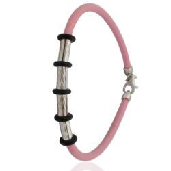 Bracciale in caucciù rosa cm 20 con chiusura e inserti a cilindro in argento 925 rodiato