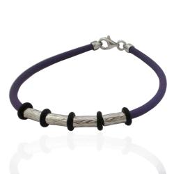 Bracciale in caucciù viola cm 20 con chiusura e inserti a cilindro in argento 925 rodiato