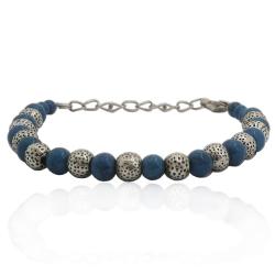 Bracciale napoli con sfere mm 6 bianco e azzurro in acciaio brunito cm 21 regolabile