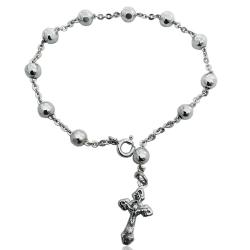 Bracciale rosario cm 19 in argento 925 con pallina martellata mm 5 e croce microfusa