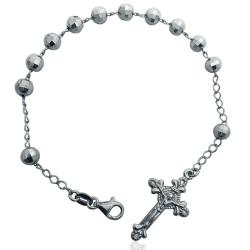 Bracciale rosario in argento 925 rodiato pallina faccettata da 6 mm e croce microfusa 32x17