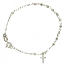 Bracciale rosario in argento 925 con pallina liscia mm 3 e croce a ciondolo