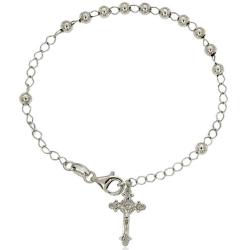 Bracciale rosario in argento rodiato pallina liscia da 4 mm e croce microfusa 20x12 