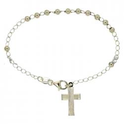 Bracciale rosario con pallina liscia 5 mm in argento 925 con croce liscia cm 18