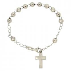 Bracciale rosario in argento 925 bianco cm 19 pallina liscia da 5 mm con croce 21x12