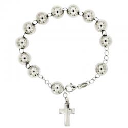 Bracciale rosario in argento 925 rodiato cm 21 bianco pallina da 8 mm con croce 21x12